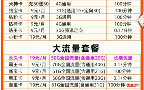 部分低月租套餐、大流量套餐