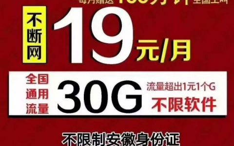 【安徽联通】19元月租国内30G+100分钟免费通话