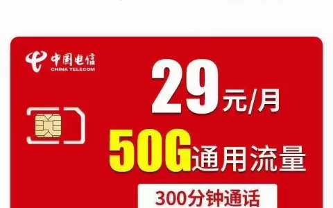 【中国电信】银风卡套餐29/月50G通用流量+300分钟通话