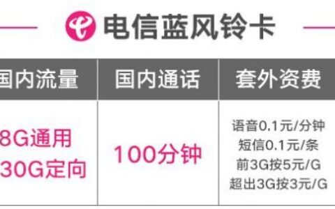 【江西电信】蓝风铃卡套餐首年50元：每月8G通用+30G定向+100分钟通话