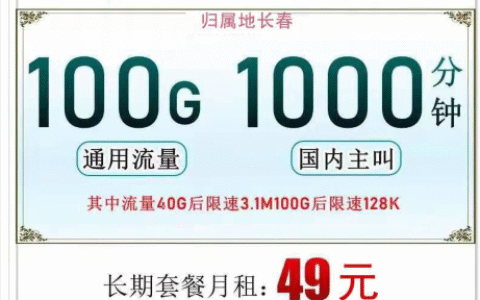 吉林长春电信长期套餐：49包100G1000分钟