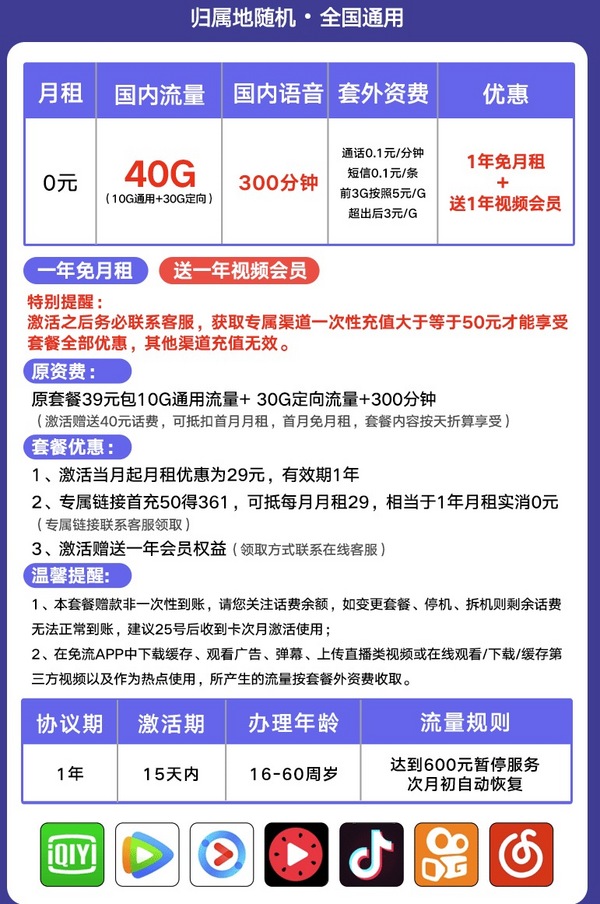 CHINA TELECOM 中国电信 新蓝风铃卡（10G通用+30G定向+300分钟，视频VIP会员12个月）