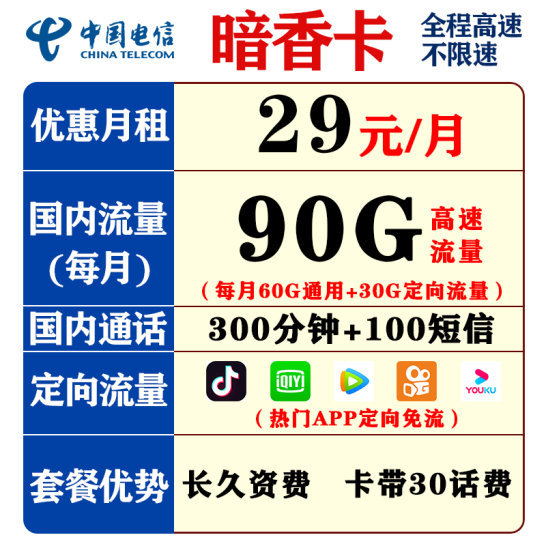 浙江电信校园卡（暗香卡）29元60G通用30G定向300分钟