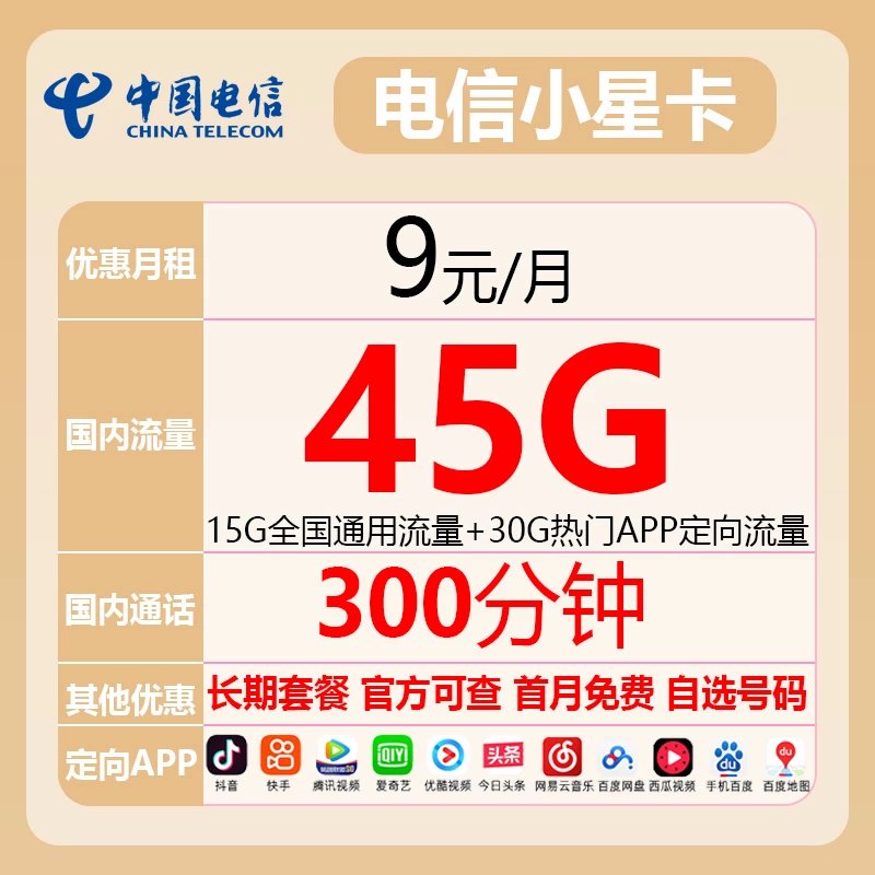 山东电信小星卡（9元15G通用流量30g定向流量300分钟）