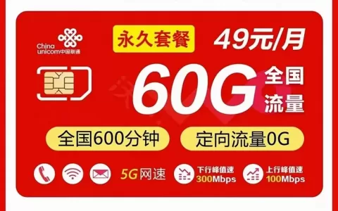 广东联通先锋卡49元（永久）60G600分钟