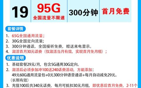 电信星启卡套餐（19元月租包95G流量+300分钟通话）