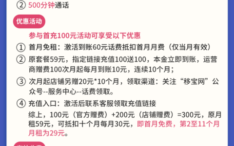 电信海鸥卡套餐（29元月租包95G流量+500分钟通话）