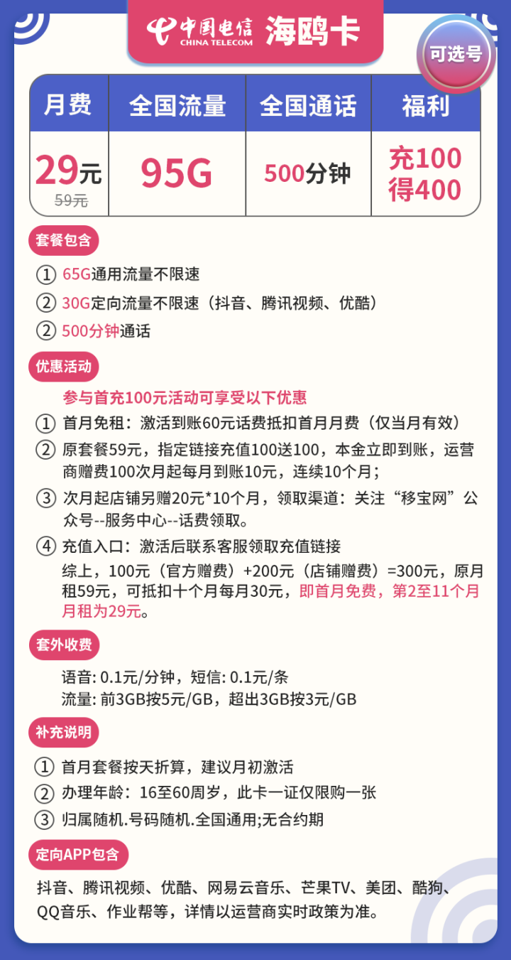 电信海鸥卡套餐（29元月租包95G流量+500分钟通话）-1