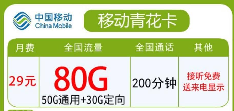 移动青花卡怎么样，青海移动青花卡29元80G套餐