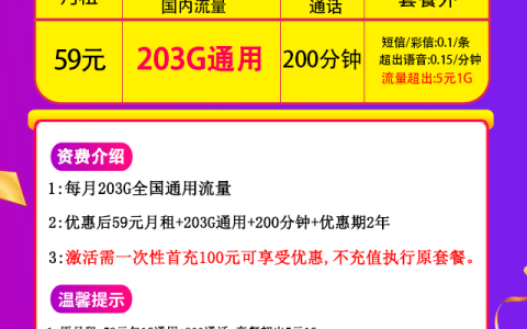 联通王炸卡套餐（59元月租+203G通用流量+200分钟通话）