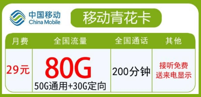 移动青花卡套餐（29元月租+80G流量+200分钟通话）-1