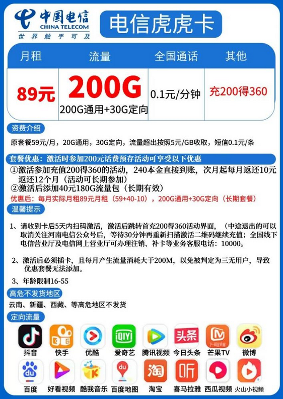 电信虎虎卡套餐介绍，89元月租包含200G通用+30G定向-1