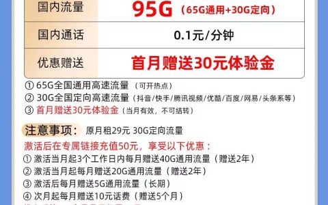 电信幻星卡 19元月租（65G通用流量+30G定向流量）