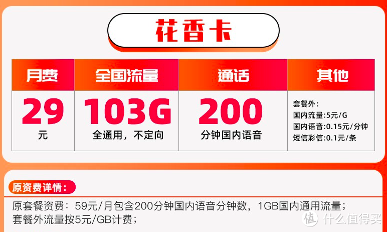 联通花香卡29元套餐 每月103G通用流量+200分钟通话时长-1