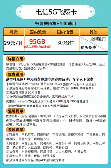 电信5G飞翔卡套餐介绍：29元/月，90G流量+300分钟-2
