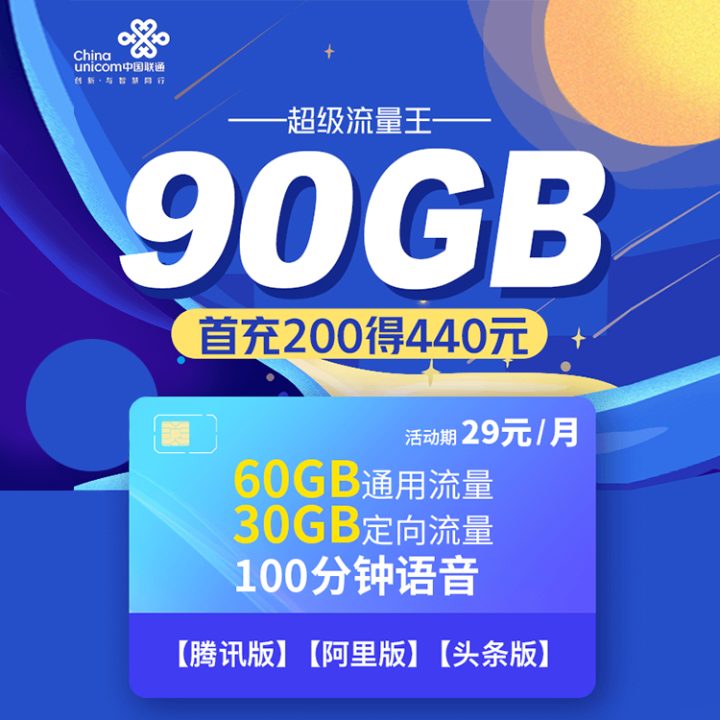 联通超级流量王 29元月租包含60G通用流量+30G专属流量-1