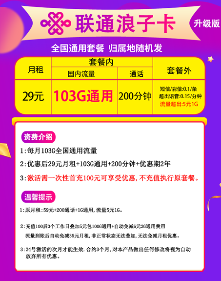 联通浪子卡是真的吗 29元月租103G通用流量200分钟通话-1