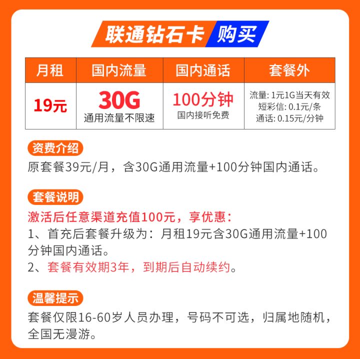 联通钻石卡19元套餐 30G通用流量不限速+100分钟通话-1