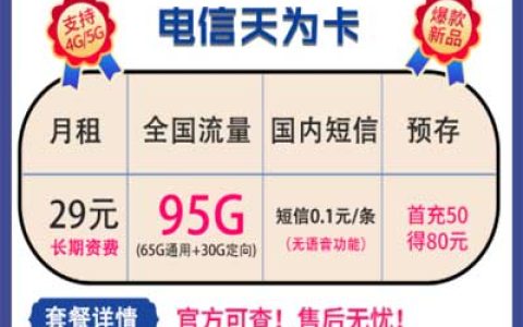 电信天为卡怎么样 天为卡29元月租95G流量无语音