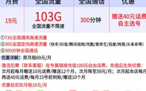 电信黑牛卡19元套餐 103G流量+300分钟通话