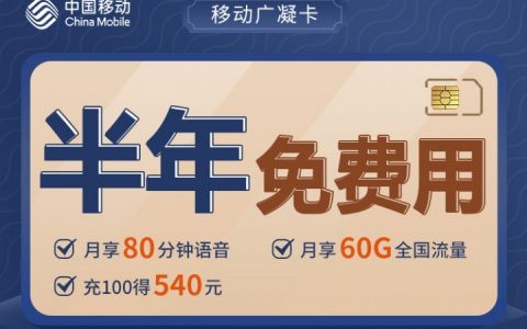 移动广凝卡 0元月租30G通用流量+30G定向流量+80分钟通话