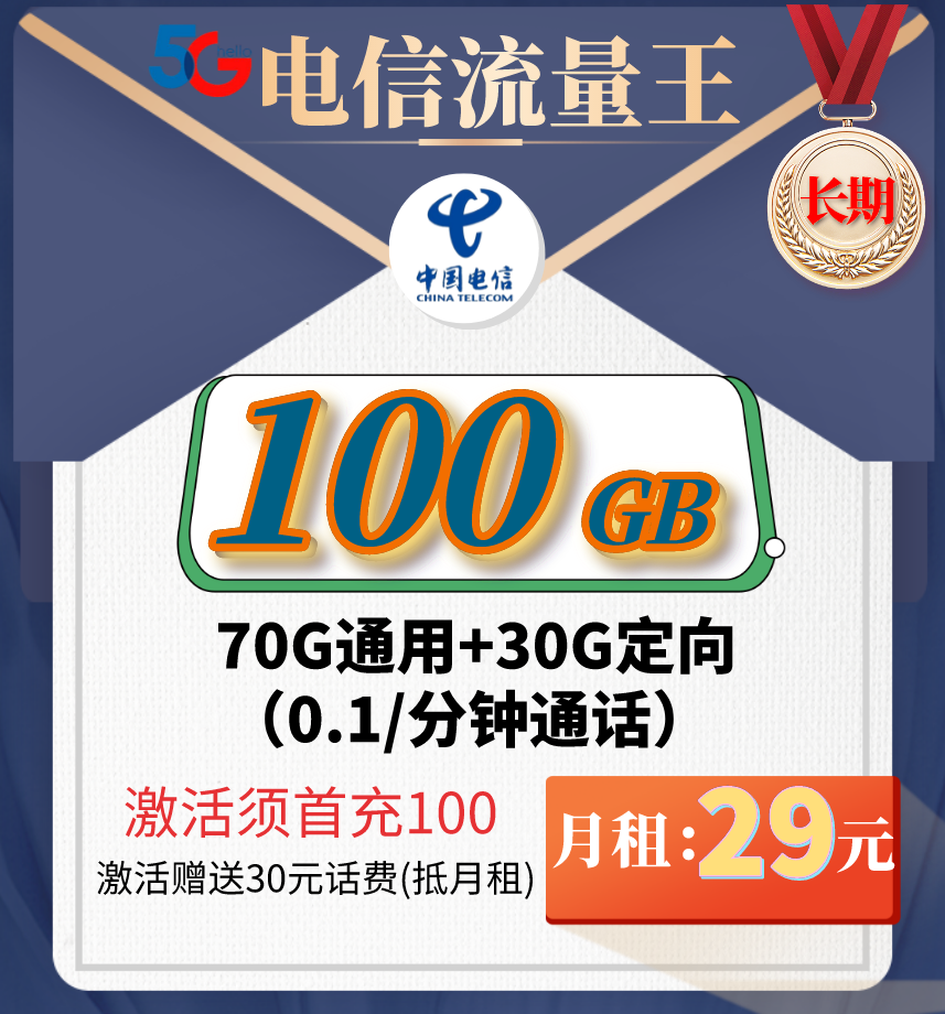 电信流量王卡套餐介绍 29元月租100G流量长期套餐-1