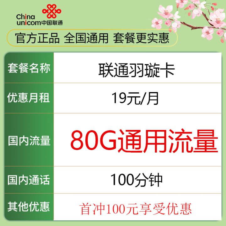 联通羽璇卡 19元月租80G通用流量+100分钟-1