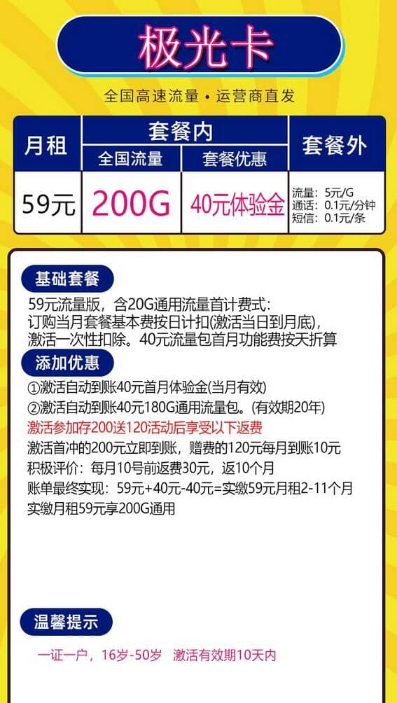 电信极光卡怎么样划算吗 59元月租200G流量-1