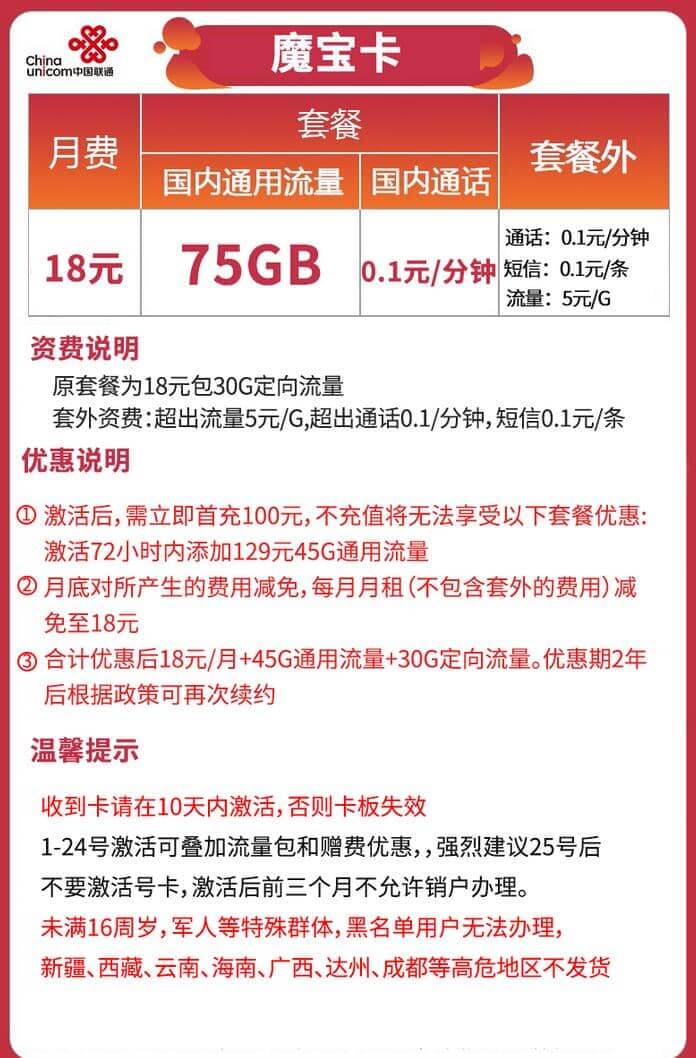 联通魔宝卡是真的吗 75G流量仅需18元月租-1