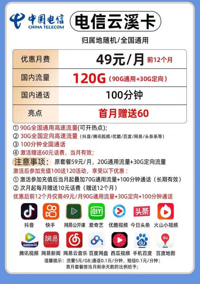 电信云溪卡49元套餐详情 包含90G通用流量+30G定向-1