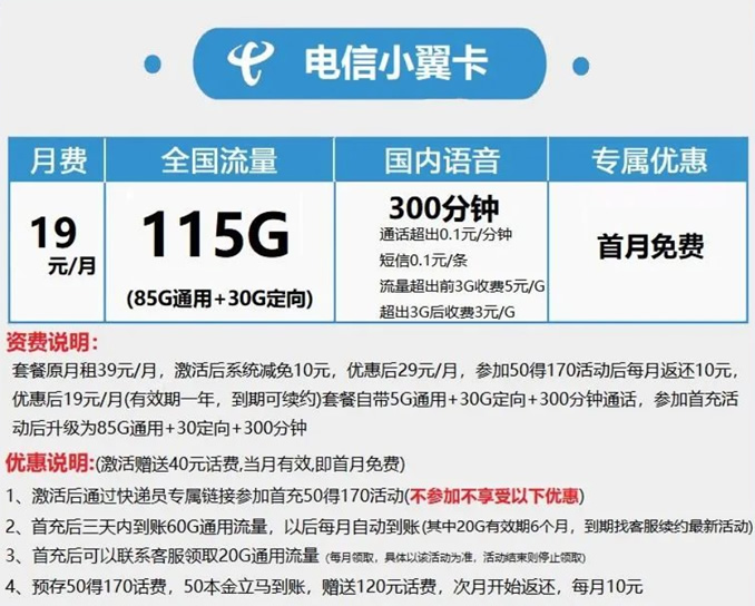 电信小翼卡19元套餐 115G流量不限速+300分钟通话-1