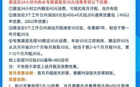 电信19元月租卡的内容 每月65G通用+30G定向