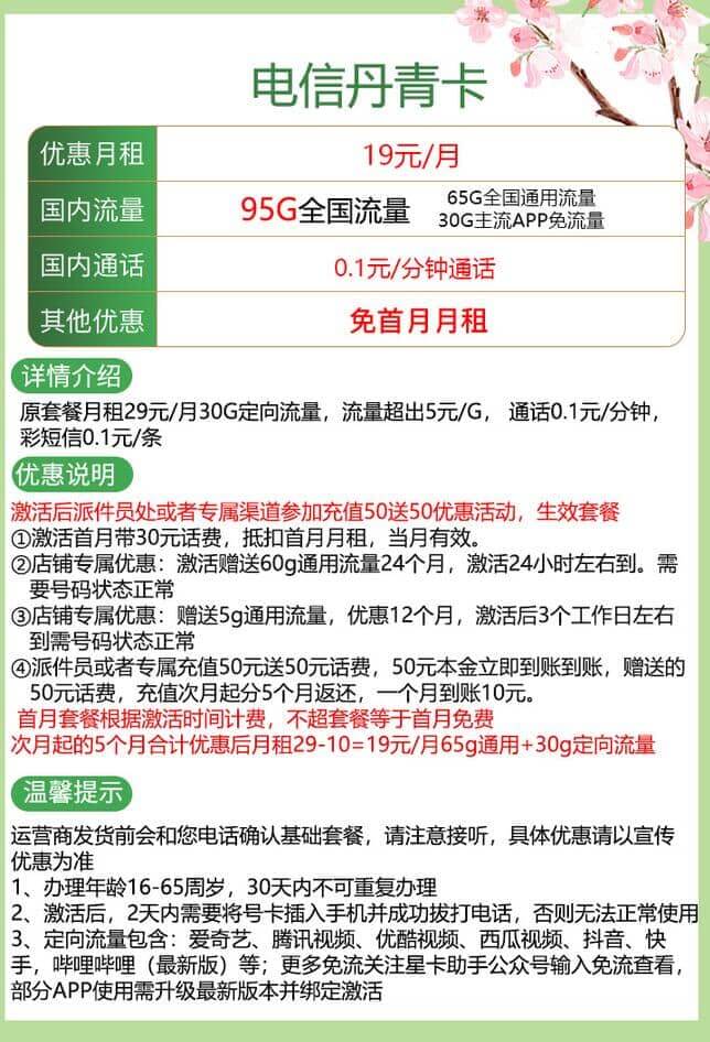 电信丹青卡怎么样 月租19元包含95G流量-1