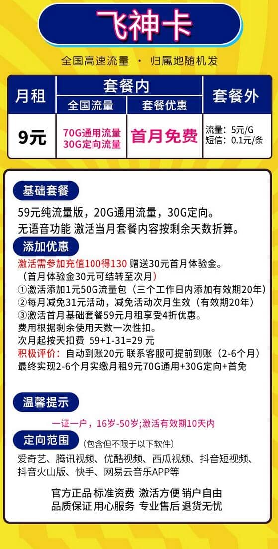 电信飞神卡怎么办理 每月100G流量仅需9元-1