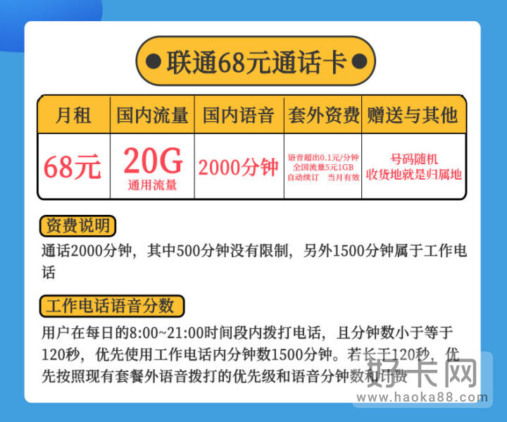 联通小宝卡，68元包30G流量+2000分钟通话-1