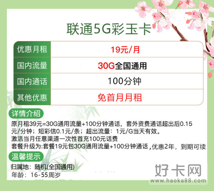 联通彩玉卡 19元月租30G通用流量+100分钟全国通话-1