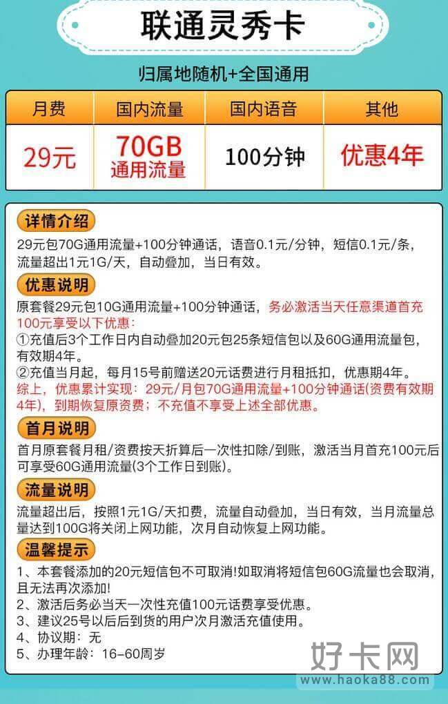 联通灵秀卡怎么样是真的吗 29元月租70G通用流量-1