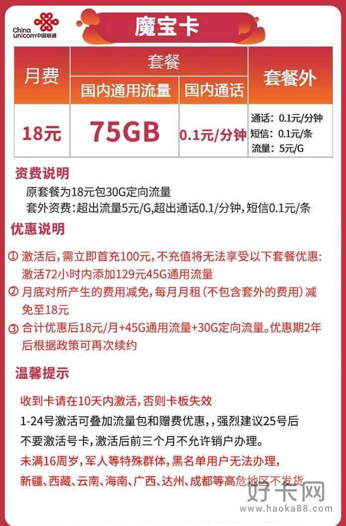 联通魔宝卡怎么样 月租18元75G流量-1