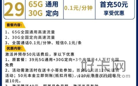 移动全国卡 29元月租包65G通用流量＋30G定向流量