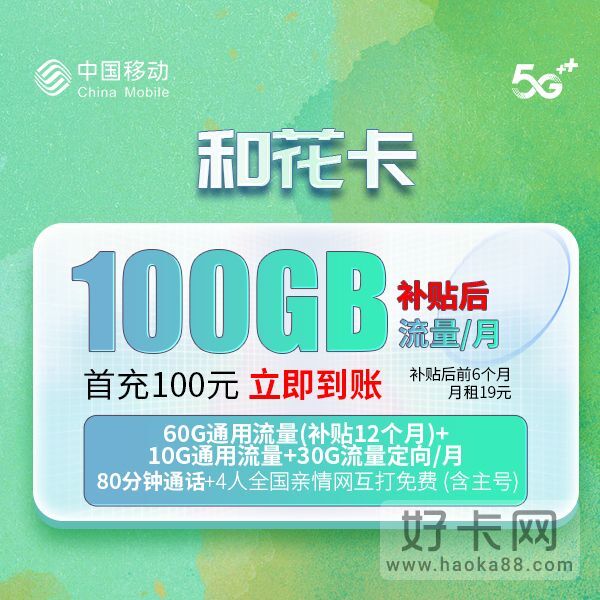 移动和花卡（仅限广东）19元/月 70G通用+30G定向+80分钟-1