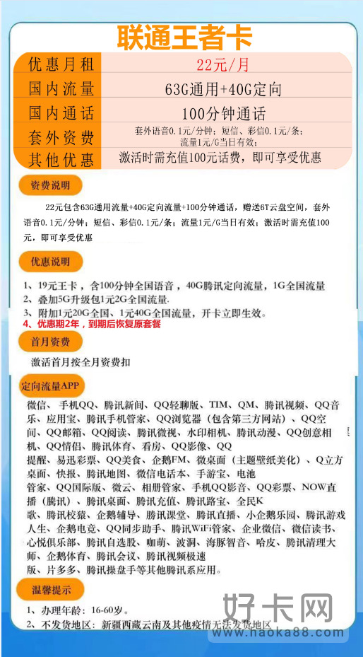 联通王者卡 22元包63G通用+40G定向+100分钟通话（2年优惠）-1