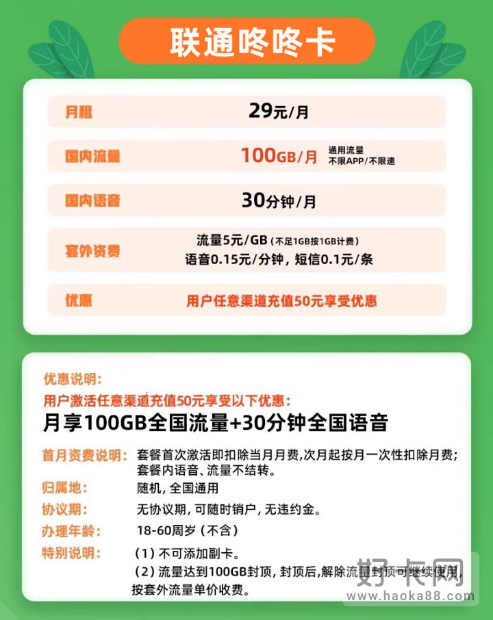 联通咚咚卡29元100G通用流量+30分钟 （永久套餐/资费）-2