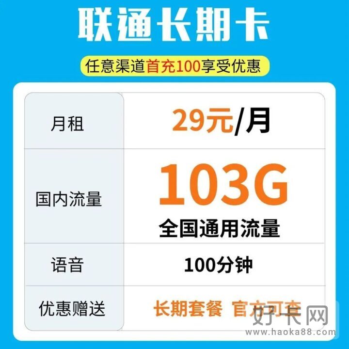 联通神卡！29元包103G通用流量+100分钟（可选号、可开副卡）-1