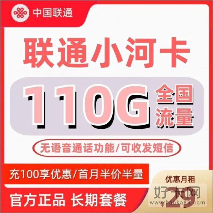 联通小河卡29元110G全国通用流量，长期套餐，无语音功能-1