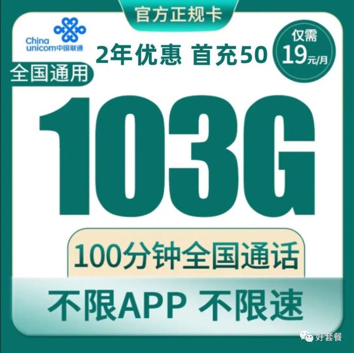 联通逸白卡 19元103G通用流量+100分钟（两年19元月租）-1
