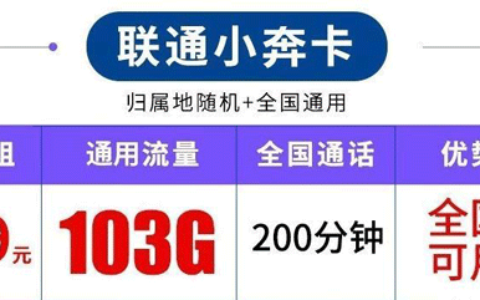 联通小奔卡-19元103G通用流量200分钟通话套餐