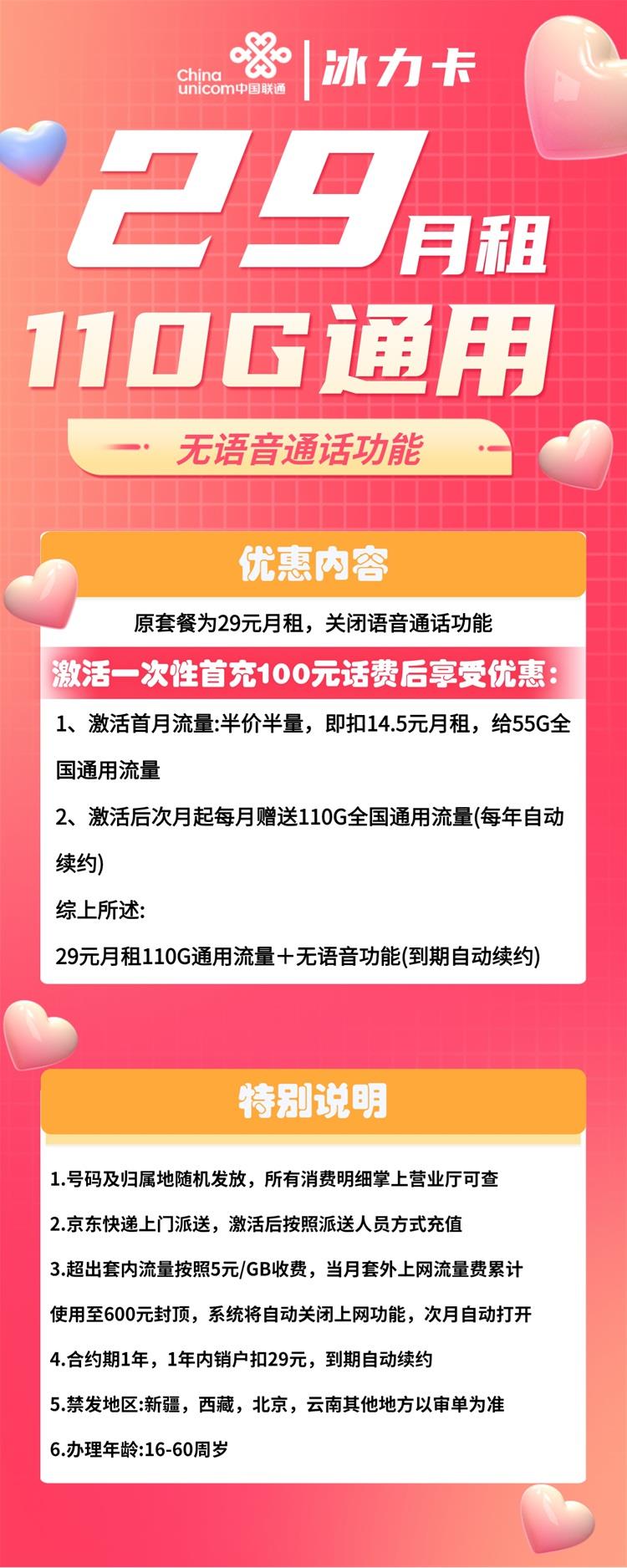 联通冰力卡：月租29元包110GB通用流量无语音功能