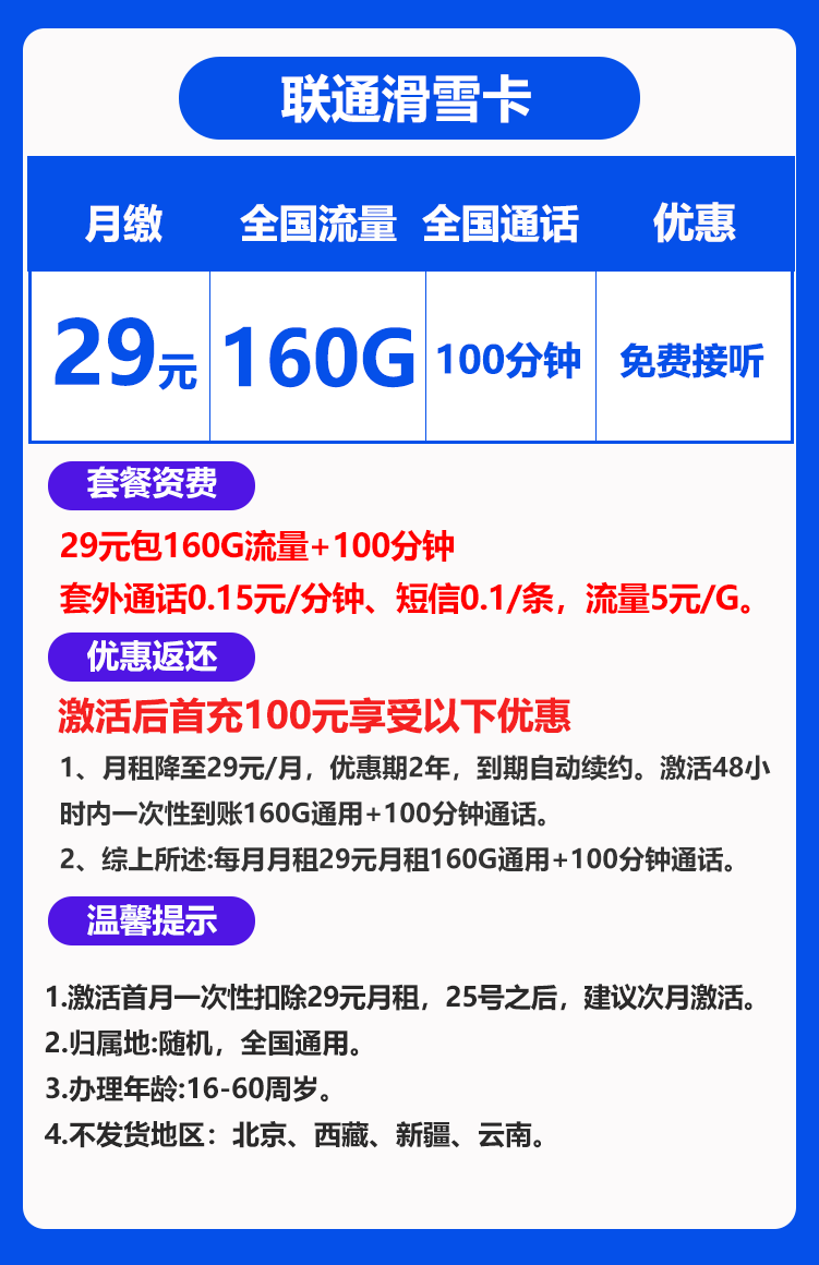 【自动续约 · 可选号】联通滑雪卡 29元160G通用流量+100分钟通话