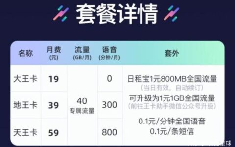 腾讯大王卡40g套餐月租19元，全国无漫游，国内语音免费接听