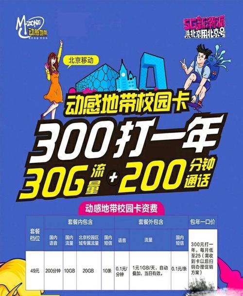 中国移动动感地带潮玩卡校园版：月租29元，流量140G，暑假免月租